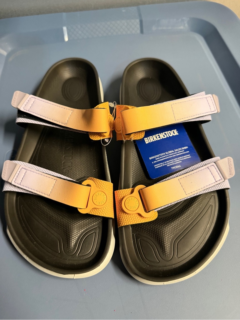 Birkenstock Two-Tone Black Footbed Sandals with Purple and Orange Straps